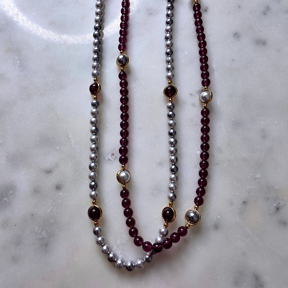Vintage 1980s Avon Heather and Mist Long Necklace Set Purple Grey Beaded NWT